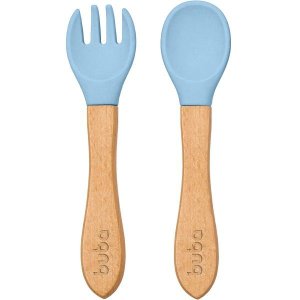 Kit Talher de Silicone e Bambu Garfo Colher de Bebe Buba Azul