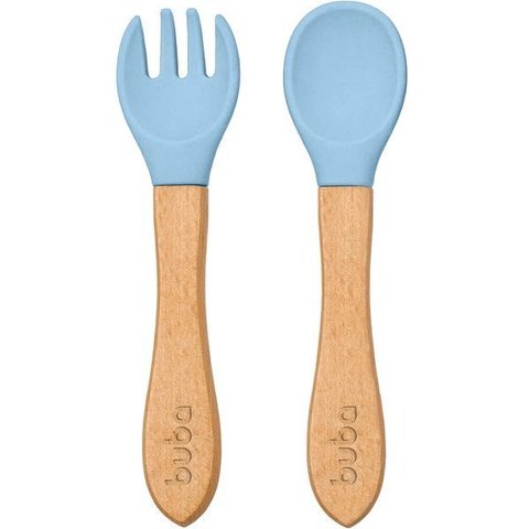 Kit Talher de Silicone e Bambu Garfo Colher de Bebe Buba Azul