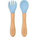 Ver imagem 1 de Kit Talher de Silicone e Bambu Garfo Colher de Bebe Buba Azul