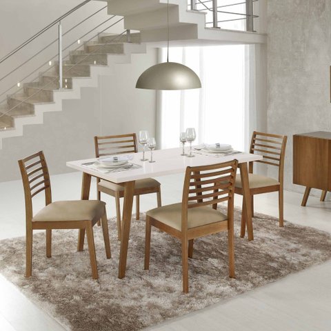 Conjunto Sala de Jantar Mesa de Jantar Nature com Vidro Branco 1,35m + 4 Cadeiras de Jantar Nature M