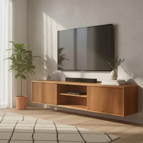Rack para Tv'' 75 Suspenso Zeus 2 Portas C/ Aplique Canelado Naturalle 100%mdf