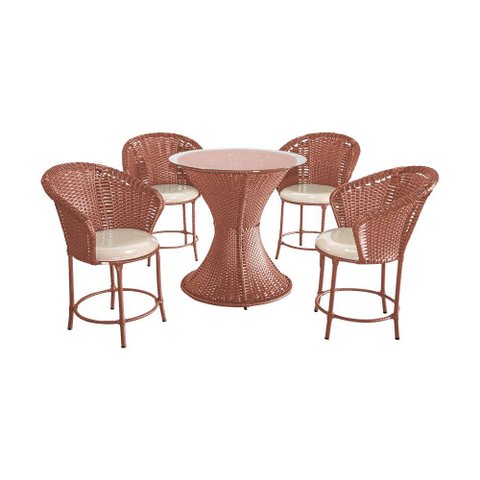 Conjunto Área Externa Mesa Redonda 80cm 4 Cadeiras Aço e Junco Capuccino Tucumã Plus Assento Bege