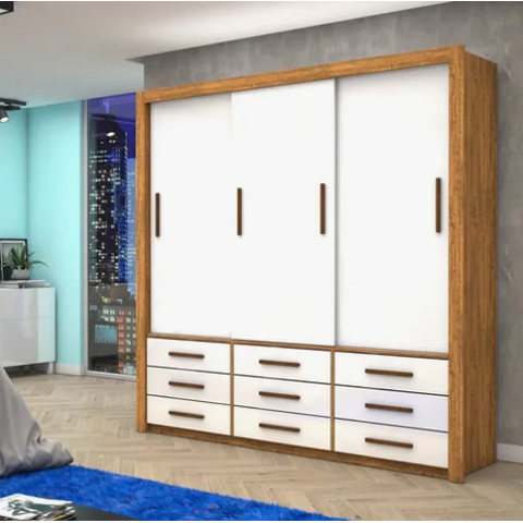 Guarda Roupa Casal 3 Portas de Correr 9 Gavetas 208cm Anjos Cinamomo/Branco - Carioca Móveis
