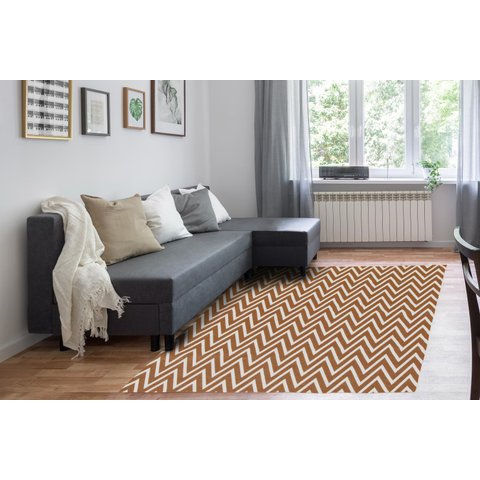 Tapete Para Sala ou Quarto 1,50M x 1,32M Antiderrapante Chevron Zig Zag Caramelo e Cru