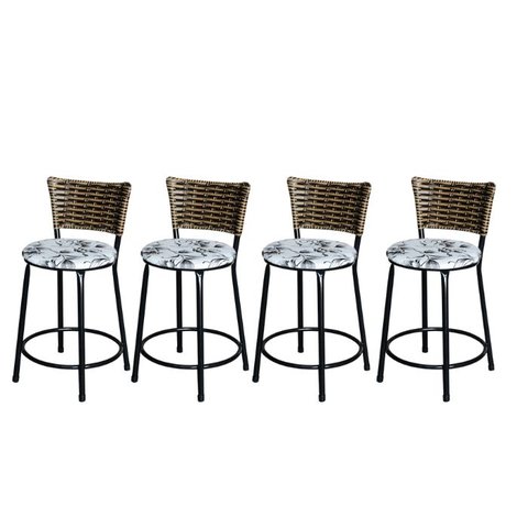 Jogo 4 Banqueta Baixa Para Cozinha Ratan Cappuccino Preta Estofado Floral  Floral 