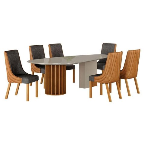 Mesa de Jantar Belle 2,00x1,00m Orgânica com Vidro Cinamomo Off-white Off-white com Kit 6 Cadeiras P