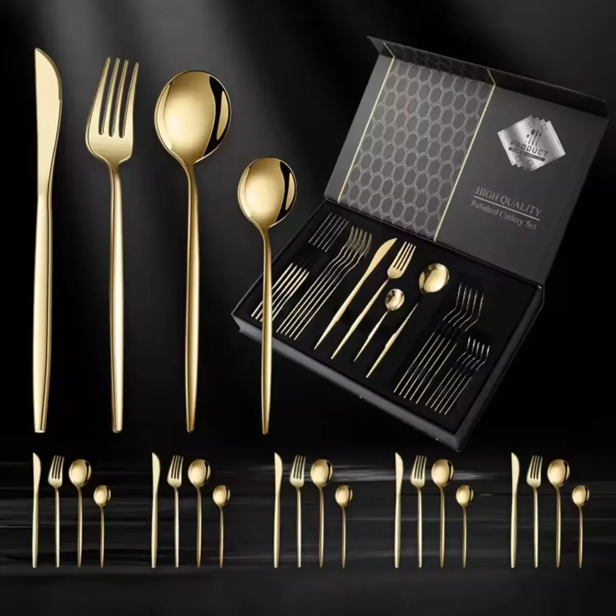 Ver imagem 5 de Faqueiro Aço Inox 24 Peças Dourado Talheres Design Europeu