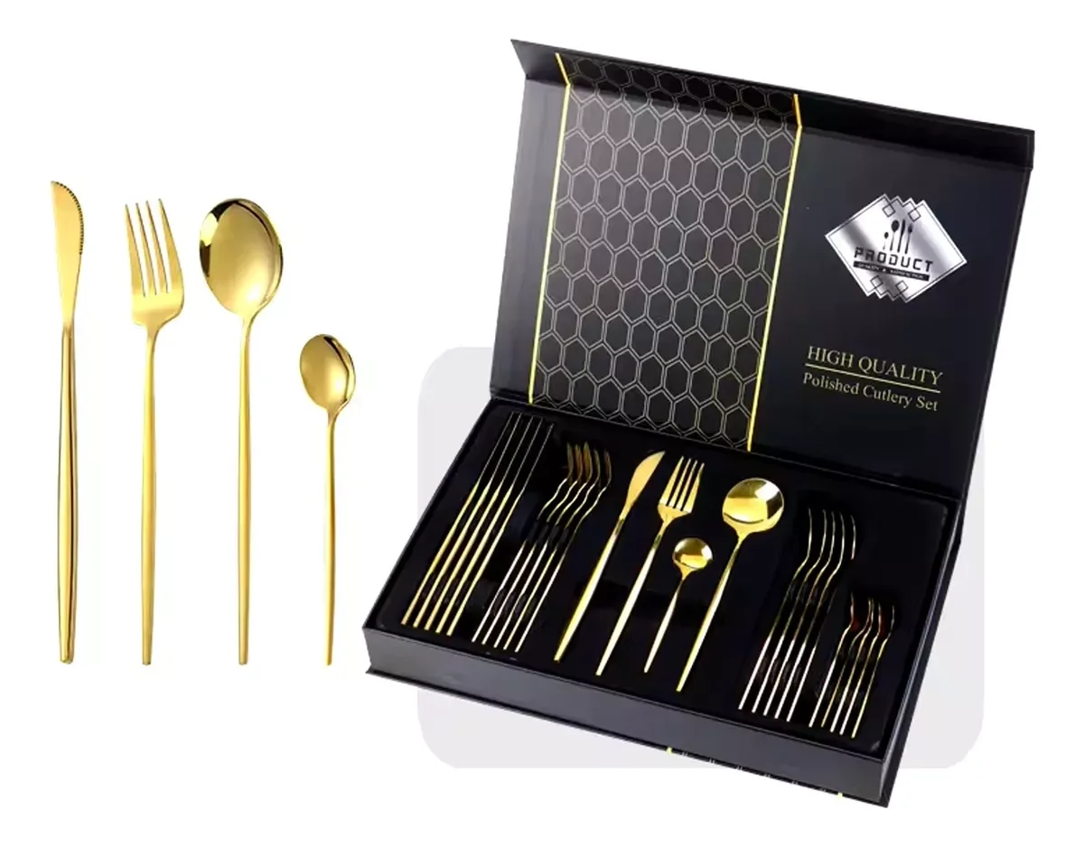 Ver imagem 1 de Faqueiro Aço Inox 24 Peças Dourado Talheres Design Europeu