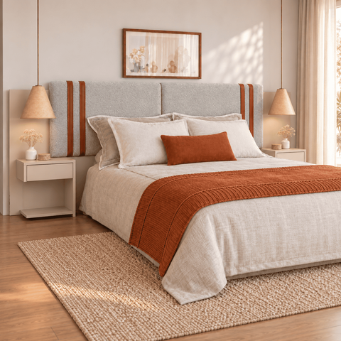 Cabeceira Flex Casa Queen Estofada com Duas Mesas de Cabeceira c/ Nicho:Off White/Bouclé Cinza Claro