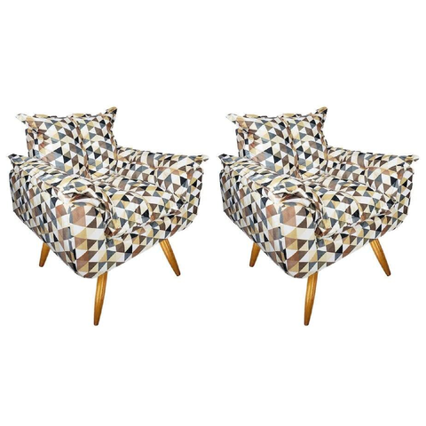 Kit 02 Poltronas Opala Suede Estampado Triângulo Bege Pés Palito