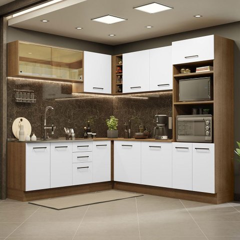 Armário de Cozinha Completa de Canto 459cm Rustic Branco Agata Madesa 01