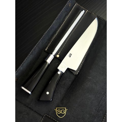 Conjunto Supreme Sg Inox – Faca e Chaira 8” ou 10” Cabo Resina Preta no Estojo de Couro:8'' (20cm)