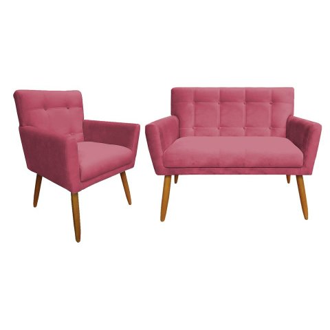 Kit Namoradeira + 1 Poltrona Decorativa Onix Suede Rosa Pés Madeira Mz Decor