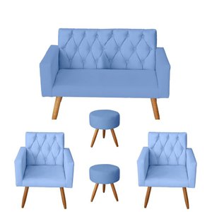 Kit Sofá 2 Lugares e 2 Poltrona Para Sala Bianca Capitonê e 2 Puff Redondo Corino Azul Bebê - M