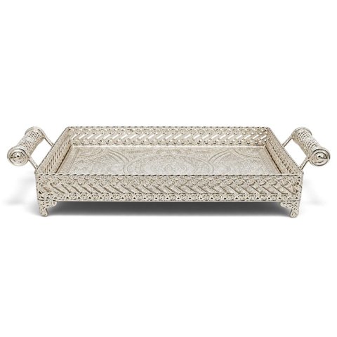 Bandeja Decorativa Retangular Prata com Alças a: 7cm L: 22cm C: 31cm