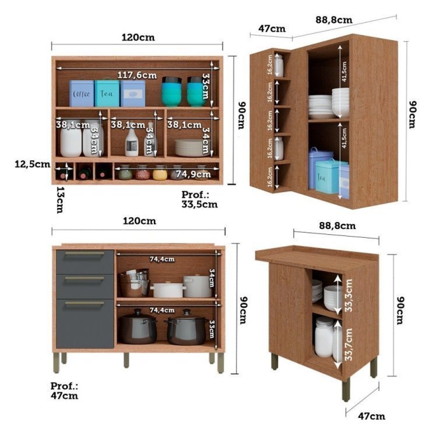 Cozinha Modulada Compacta de Canto com 4 Peças 5 Portas 4 Gavetas e Vidro Reflecta 100% MDF Vicenza - 7