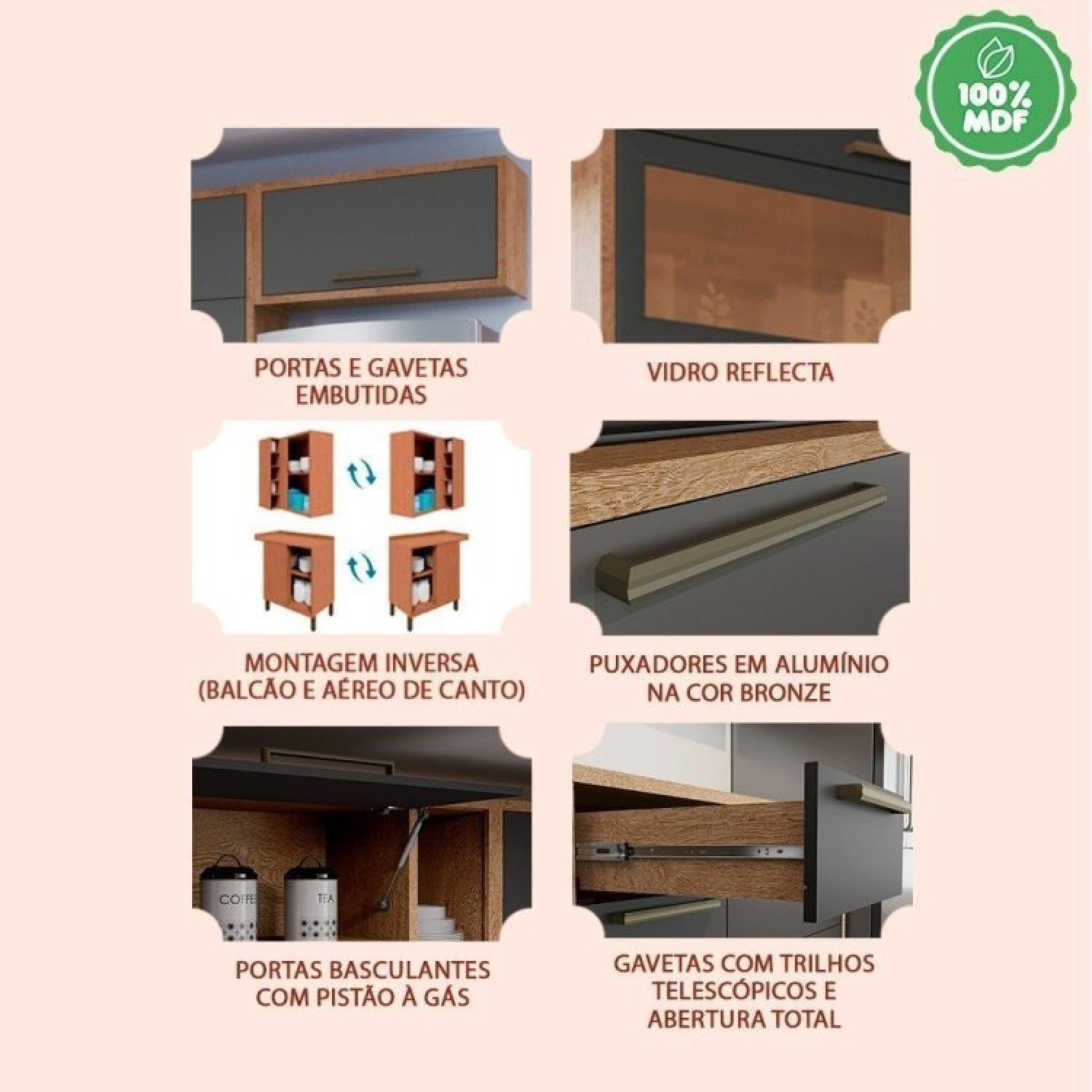 Cozinha Modulada Compacta de Canto com 4 Peças 5 Portas 4 Gavetas e Vidro Reflecta 100% MDF Vicenza - 9