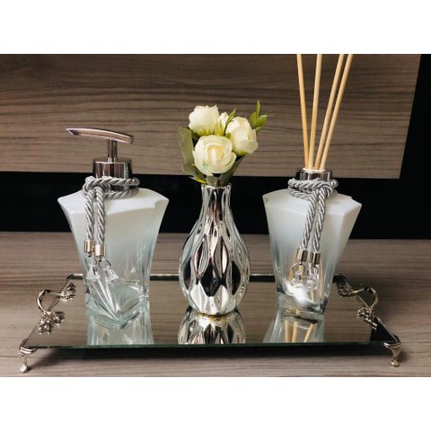 Kit Lavabo Luxo Prata Branco 4 Peças Aromatizador Sabonete