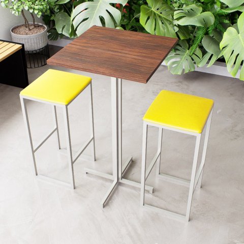 Conjunto Mesa Alta Bar Bistrô Quadrada Imbuia 2 Bancos Estofado Don Castro Decor