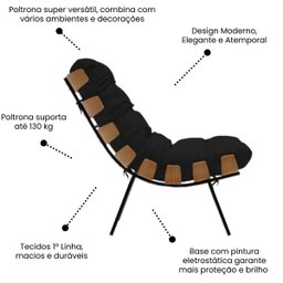 Poltrona Sala Estar Decorativa Costela de Adão com Puff Luxo:poltrona Costela Veludo Preto - 5