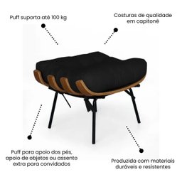 Poltrona Sala Estar Decorativa Costela de Adão com Puff Luxo:poltrona Costela Veludo Preto - 6