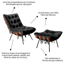 Poltrona Sala Estar Decorativa Costela de Adão com Puff Luxo:poltrona Costela Veludo Preto - 4