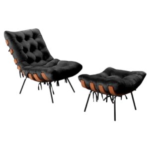 Poltrona Sala Estar Decorativa Costela de Adão com Puff Luxo:poltrona Costela Veludo Preto