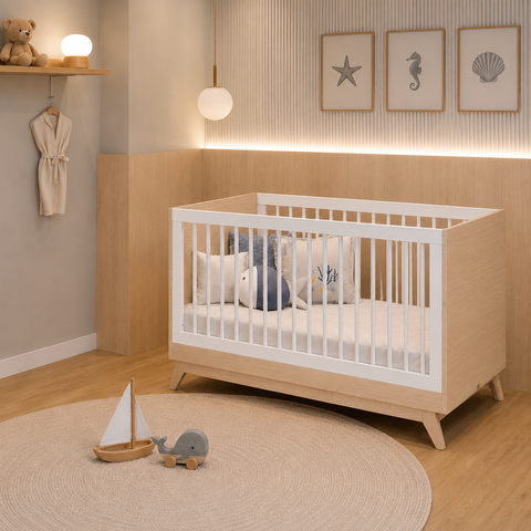 Berço Americano de Bebê 2 em 1 Linha Petit Branco com Carvalho - Quater