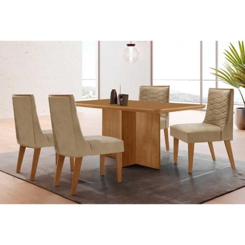 Sala Jantar Mesa Berlim Tampo Curvo 120cm+4 Cadeiras Maldivas Madeira Naturale - Capuccino/linho