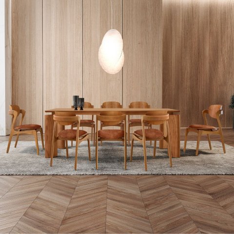 Sala de Jantar Mesa Nala 220cm Tampo Laminado Canto Moeda com 8 Cadeiras Solaris Gold