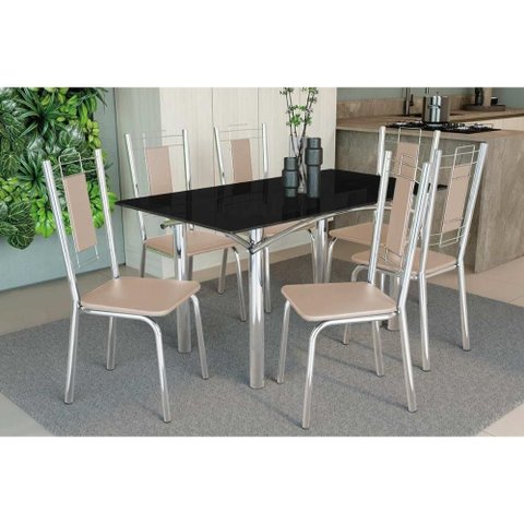 Sala de Jantar Completa Elba Tampo Madeirado C/ Vidro 160cm e 6 Cadeiras Florença Cromada/preto -