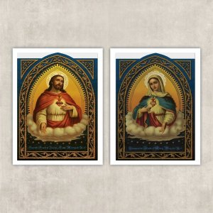Kit 2 Quadros Sacros Coração De Jesus E Maria 24x18cm - com vidro:Madeira branca