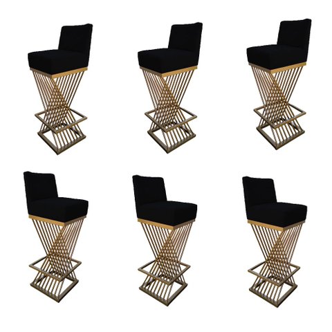 Kit 06 Banquetas Luma Base de Ferro Sued Preto - D'classe Decor