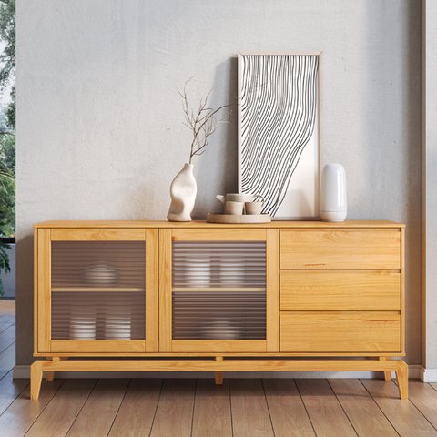 Buffet Aparador 2 Portas Vidro Canelado 3 Gavetas Madeira Maciça Seiva CabeCasa MadeiraOriginals