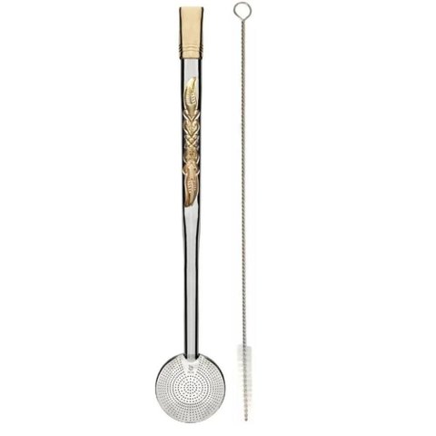 Bomba de Chimarrão Inox Estampada 24cm Mil Furos com Rosca Bocal Ouro Bortonaggio