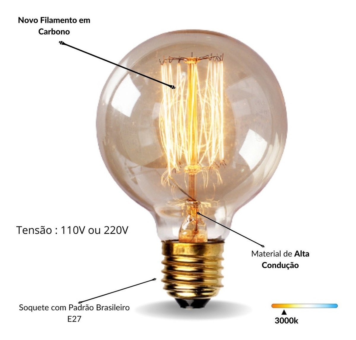 3 Lâmpada Filamento Carbono G80 Vintage Retro 40w 110v - 4