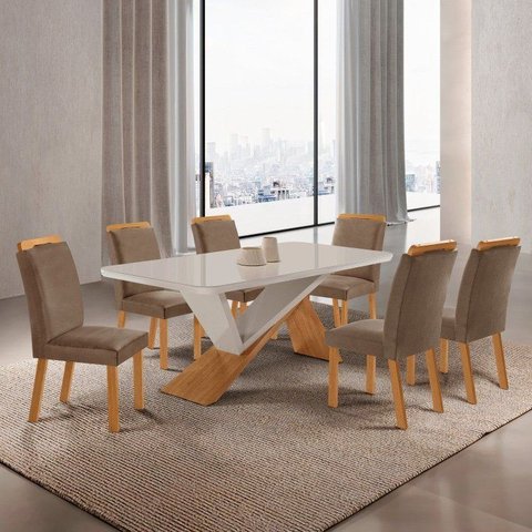 Conjunto Sala de Jantar Mesa Texas Tampo 180cm Canto Copo de MDF/Vidro e 6 Cad Athenas