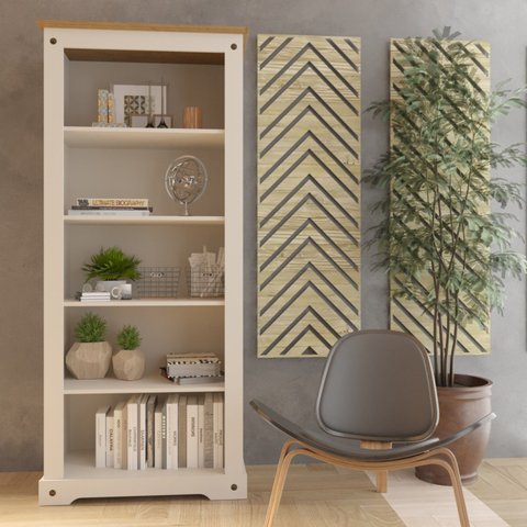 Estante Alta 4 Prateleiras em MDF e Madeira Maciça Creme Carvalho Smile 182x81x44cm