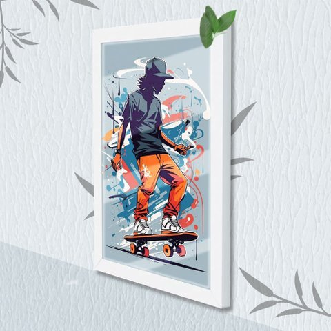 Quadro Decorativo Skate Grafite +vidro 33x25 Escritório Sala:branco