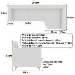Sofá com Chaise 3 Lugares 260cm Flames Courino Caramelo - Sallar Home - 4