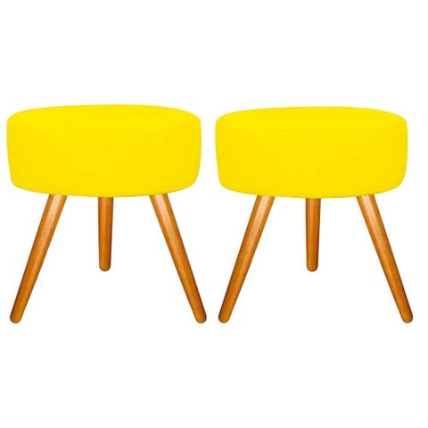 Kit 02 Puffs Redondo Suede Amarelo Pés Palito