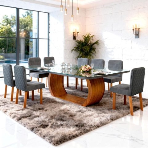 Conjunto Sala de Jantar Stone 8 Lugares Tampo em Vidro Veludo Chumbo 220cm Bom Pastor Móveis