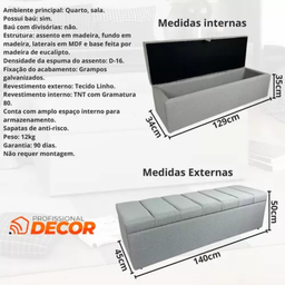 Calçadeira Baú Recamier Casal 140cm Carla Linho:cinza Claro - 2