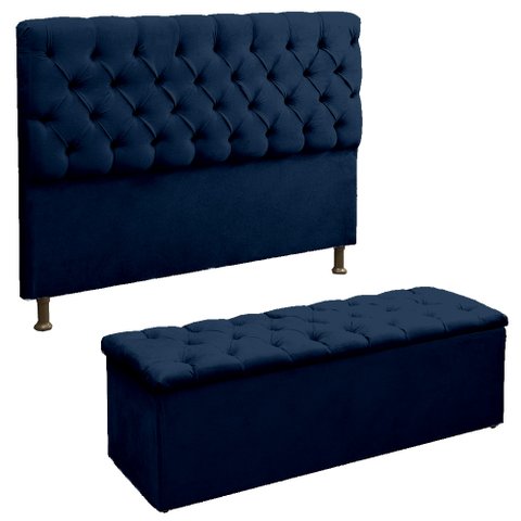 Cabeceira e Recamier Baú Lana para Cama Box Casal King 1.95 - Suede - Sv Decor:azul Marinho