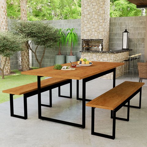 Conjunto Mesa com 2 Bancos Base de Ferro Estilo Industrial Área Lazer:nature