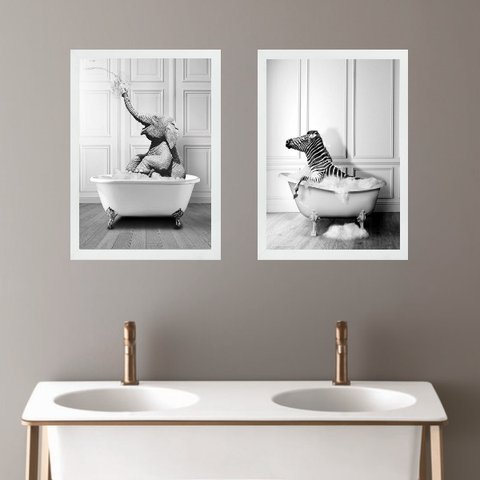 Kit 2 Quadros para Decorar Banheiro - Zebra e Elefante 24x18cm:madeira Preta