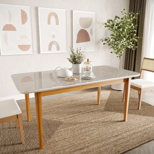 Mesa de Jantar 6 Lugares 1,80m Tampo MDF e Vidro Pés Madeira Maciça Tangará CabeCasa MadeiraMadeira