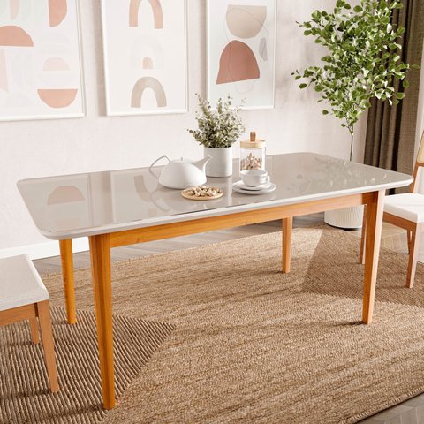 Mesa de Jantar 8 Lugares 210cm com Tampo MDF e Vidro Tangará CabeCasa MadeiraOriginals Marrom