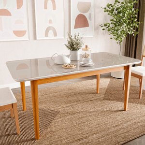 Mesa de Jantar 8 Lugares 2,10m Tampo MDF e Vidro Pés Madeira Maciça Tangará CabeCasa MadeiraMadeira