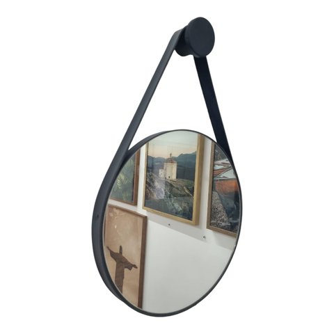 Espelho Redondo Adnet 45cm Moldura e Alça Couro Preto + Suporte Lyo